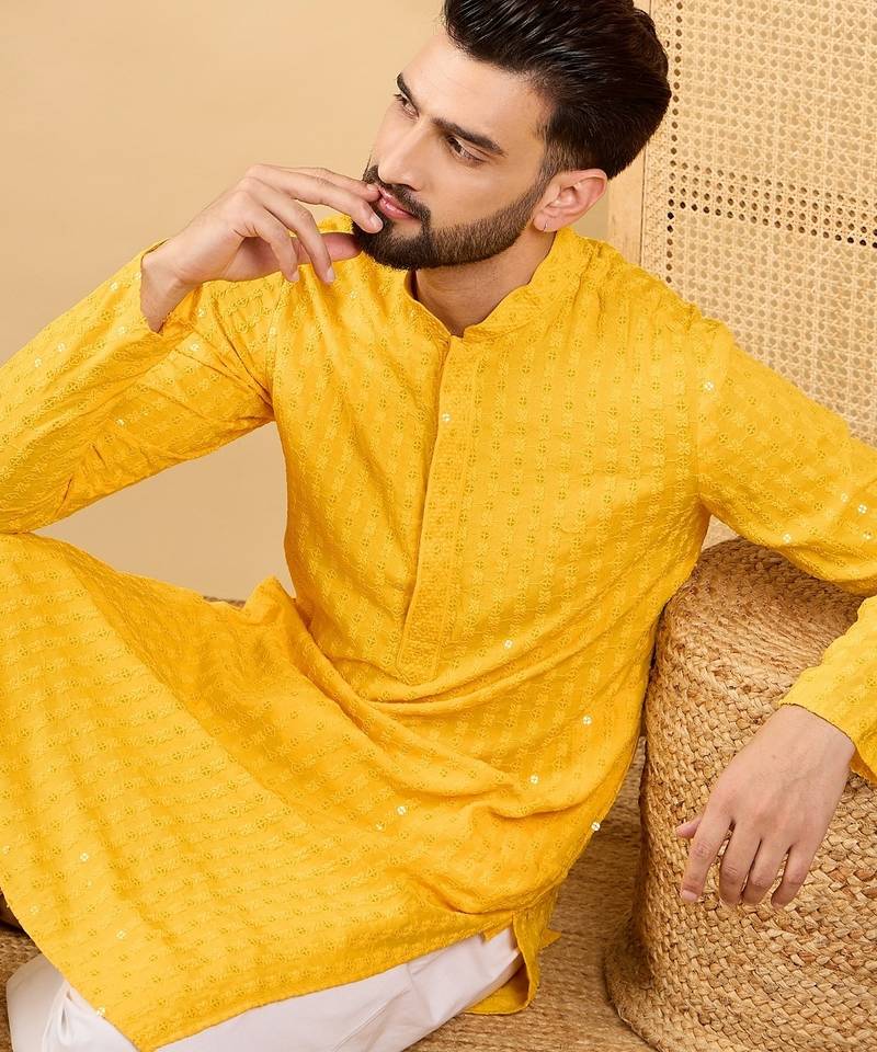 Men yellow viscose rayon solid embroidered straight kurta with trousers