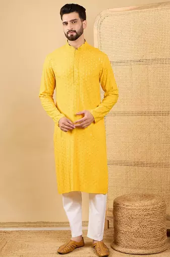 Men yellow viscose rayon solid embroidered straight kurta with trousers