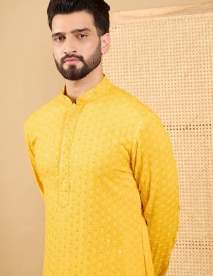 Men yellow viscose rayon solid embroidered straight kurta with trousers 3