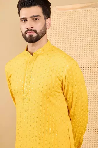 Men yellow viscose rayon solid embroidered straight kurta with trousers
