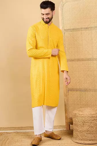 Men yellow viscose rayon solid embroidered straight kurta with trousers