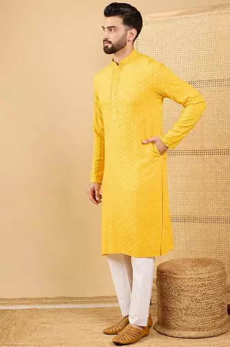 Men yellow viscose rayon solid embroidered straight kurta with trousers