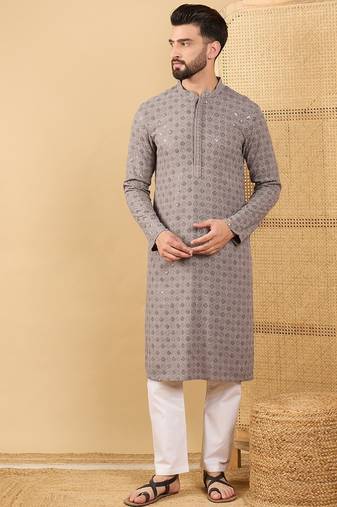 Men grey viscose rayon solid embroidered straight kurta with trouser