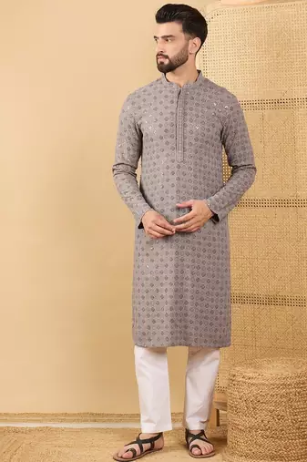 Men grey viscose rayon solid embroidered straight kurta with trouser