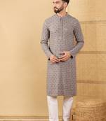 Men grey viscose rayon solid embroidered straight kurta with trouser