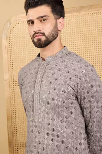 Men grey viscose rayon solid embroidered straight kurta with trouser