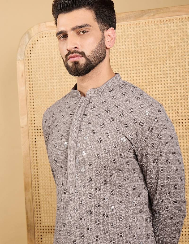 Men grey viscose rayon solid embroidered straight kurta with trouser