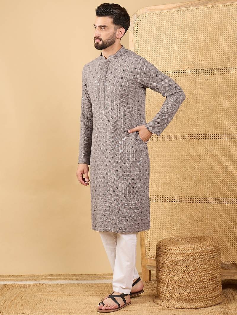 Men grey viscose rayon solid embroidered straight kurta with trouser