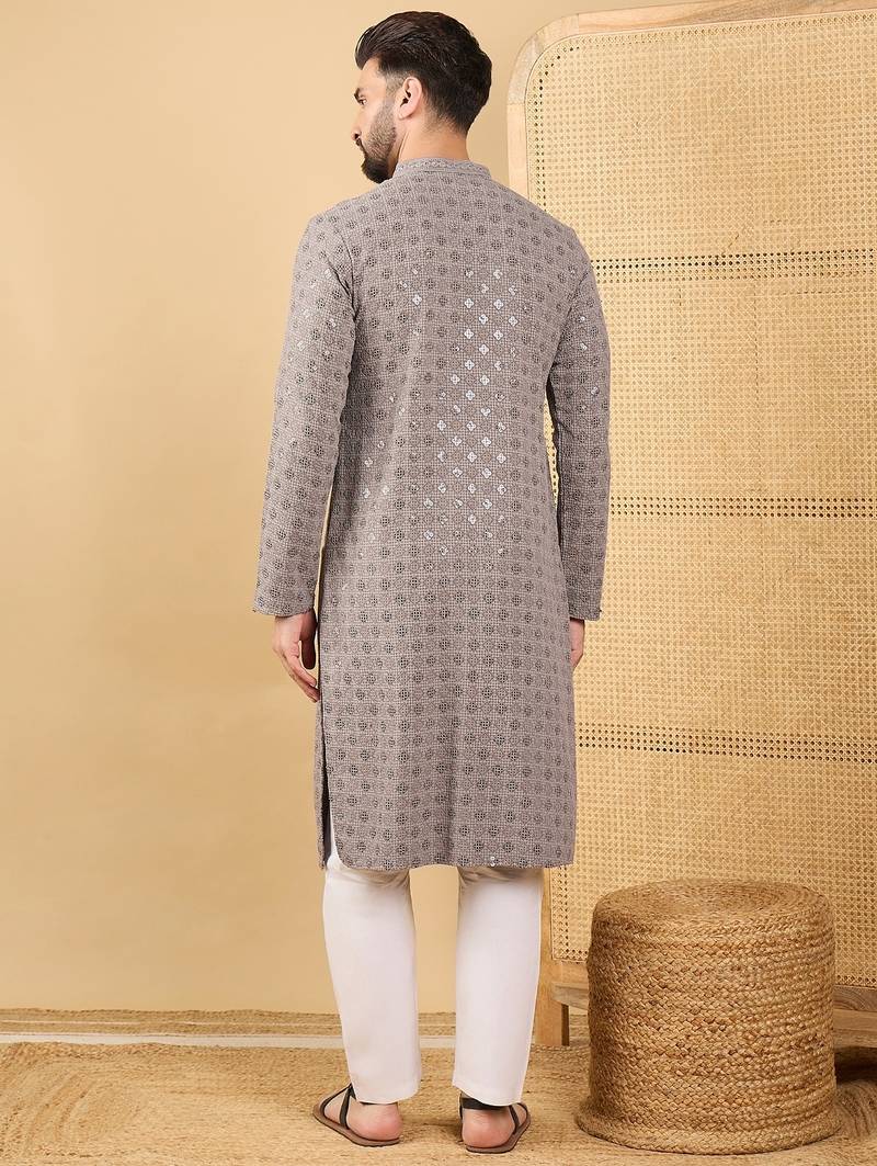 Men grey viscose rayon solid embroidered straight kurta with trouser
