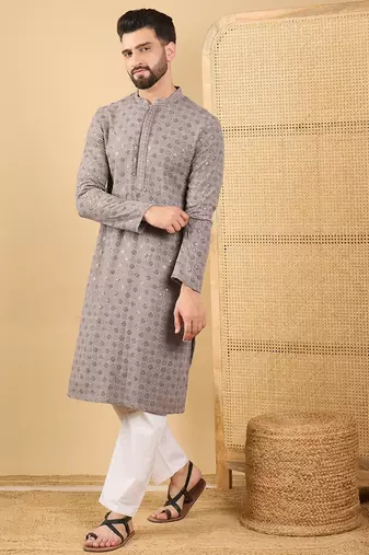 Men grey viscose rayon solid embroidered straight kurta with trouser