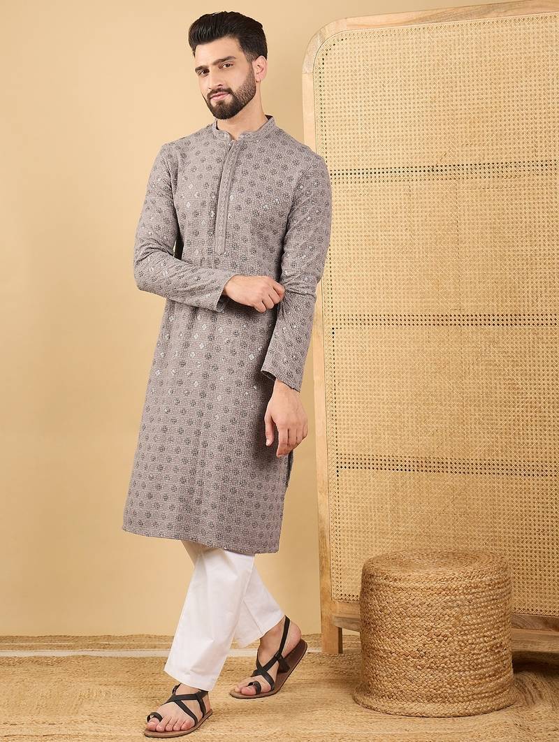 Men grey viscose rayon solid embroidered straight kurta with trouser