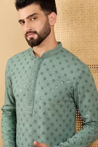 Men green viscose rayon solid embroidered straight kurta with trousers