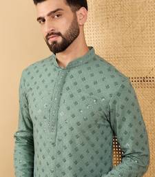 Men green viscose rayon solid embroidered straight kurta with trousers