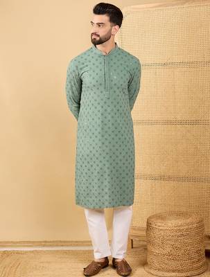 Men green viscose rayon solid embroidered straight kurta with trousers 1