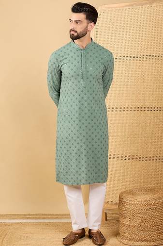 Men green viscose rayon solid embroidered straight kurta with trousers