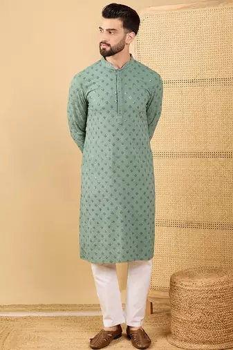 Men green viscose rayon solid embroidered straight kurta with trousers