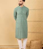 Men green viscose rayon solid embroidered straight kurta with trousers