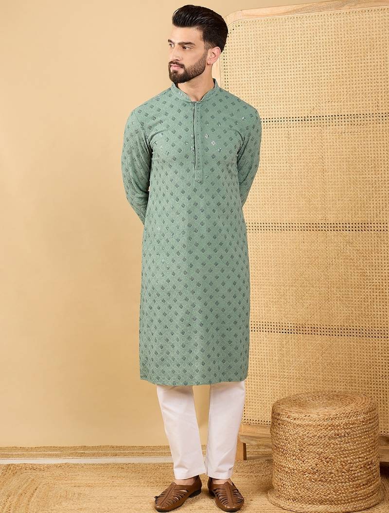 Men green viscose rayon solid embroidered straight kurta with trousers