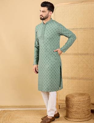 Men green viscose rayon solid embroidered straight kurta with trousers 3