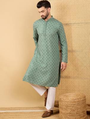 Men green viscose rayon solid embroidered straight kurta with trousers 5