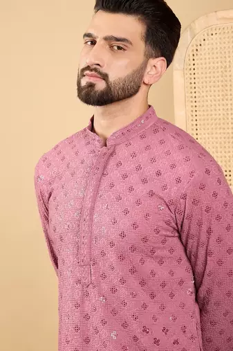 Men mauve viscose rayon solid embroidered straight kurta with trousers