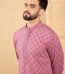 Men mauve viscose rayon solid embroidered straight kurta with trousers