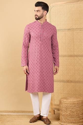 Men mauve viscose rayon solid embroidered straight kurta with trousers