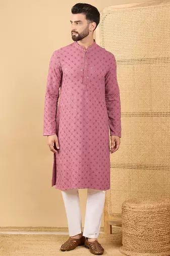 Men mauve viscose rayon solid embroidered straight kurta with trousers