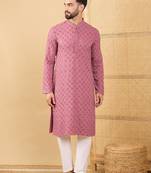 Men mauve viscose rayon solid embroidered straight kurta with trousers