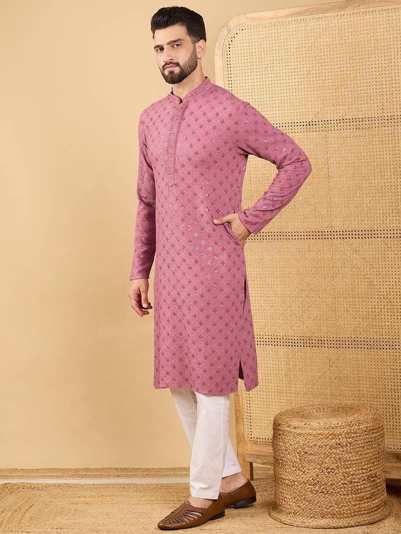 Men mauve viscose rayon solid embroidered straight kurta with trousers