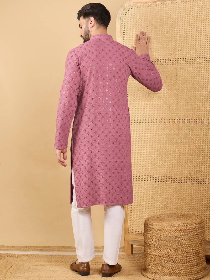 Men mauve viscose rayon solid embroidered straight kurta with trousers
