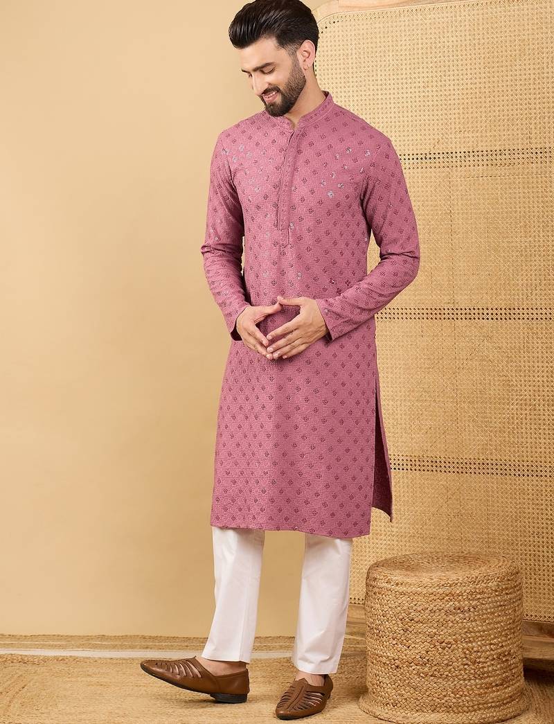 Men mauve viscose rayon solid embroidered straight kurta with trousers