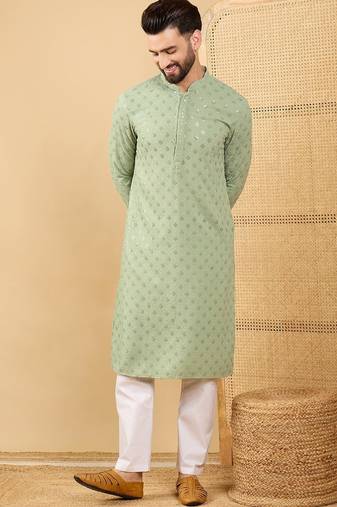 Men green viscose rayon solid embroidered straight kurta with trouser