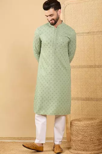 Men green viscose rayon solid embroidered straight kurta with trouser