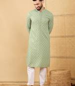 Men green viscose rayon solid embroidered straight kurta with trouser
