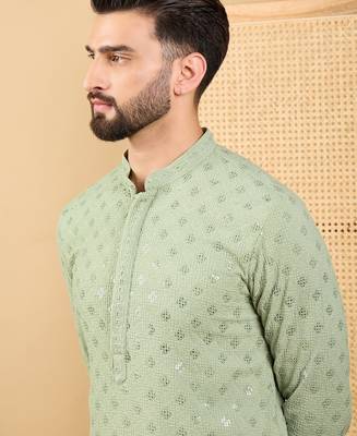 Men green viscose rayon solid embroidered straight kurta with trouser 2