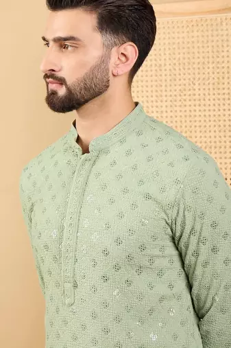 Men green viscose rayon solid embroidered straight kurta with trouser
