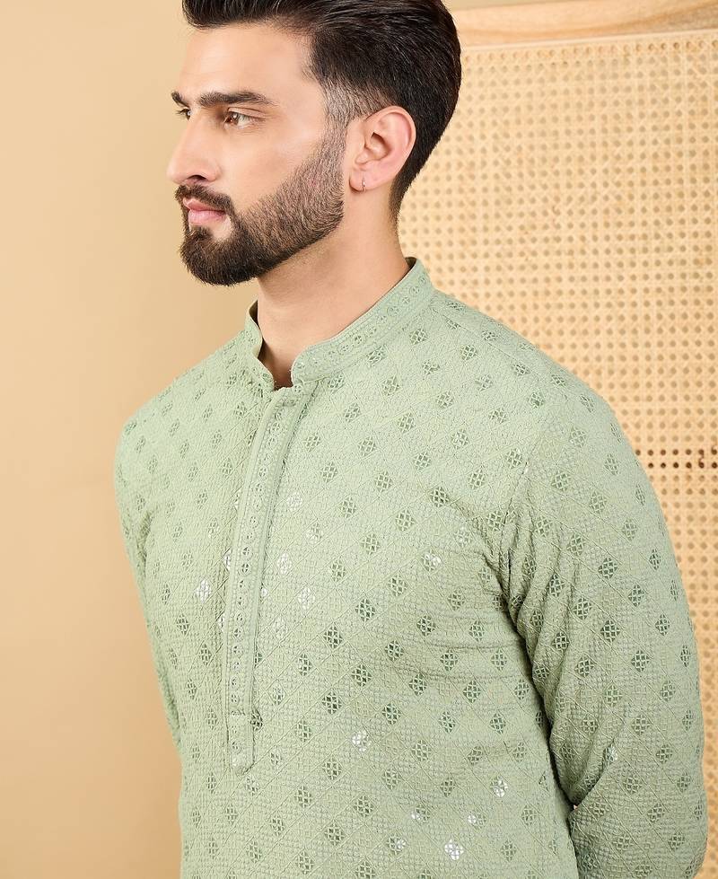 Men green viscose rayon solid embroidered straight kurta with trouser