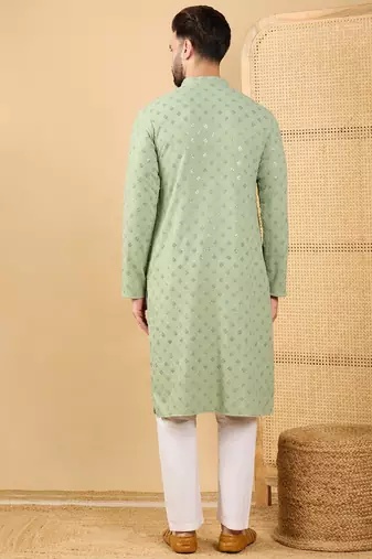 Men green viscose rayon solid embroidered straight kurta with trouser