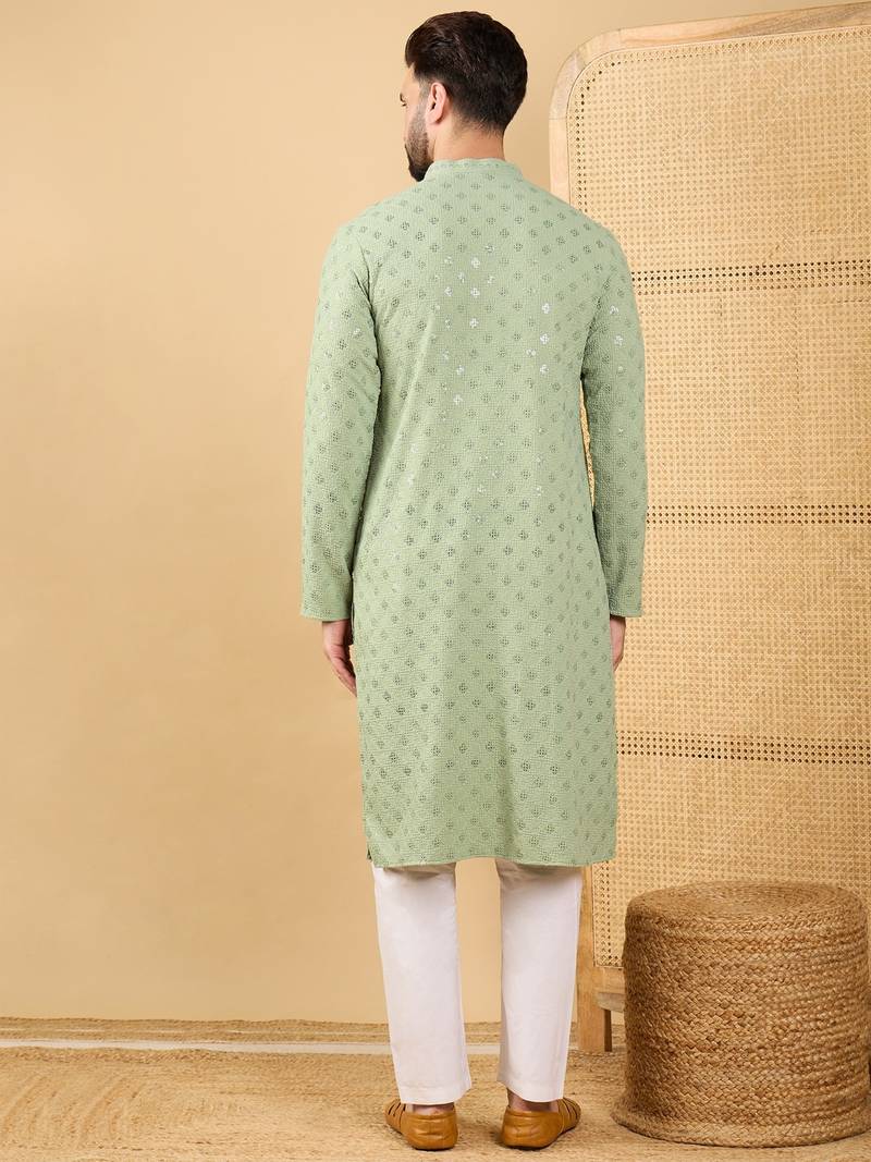 Men green viscose rayon solid embroidered straight kurta with trouser