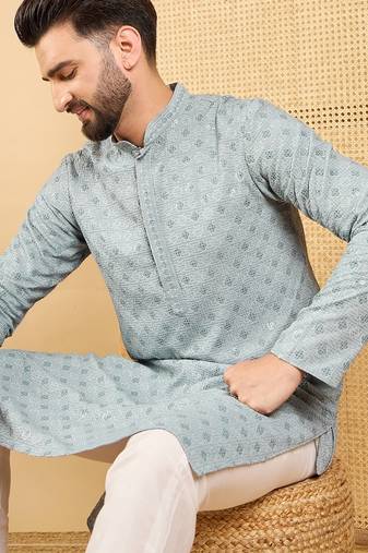 Men grey viscose rayon solid embroidered straight kurta with trouser