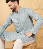 Men grey viscose rayon solid embroidered straight kurta with trouser