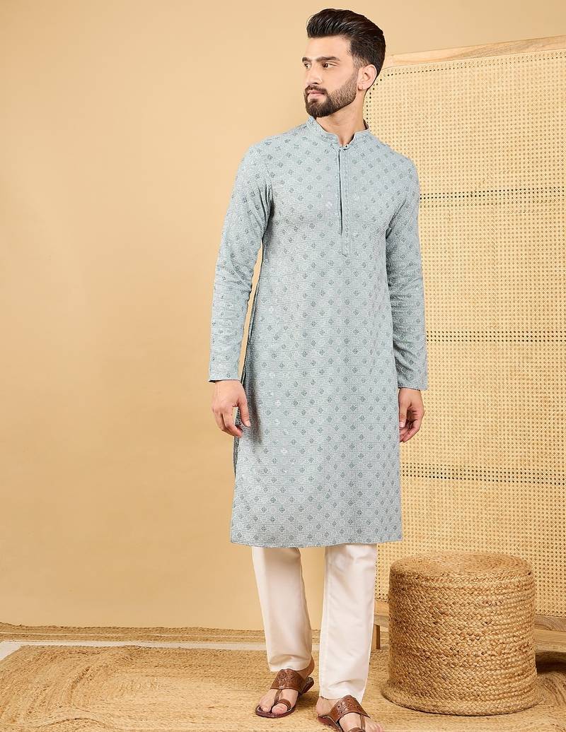 Men grey viscose rayon solid embroidered straight kurta with trouser