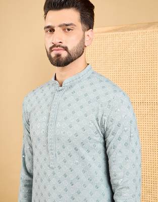 Men grey viscose rayon solid embroidered straight kurta with trouser 3
