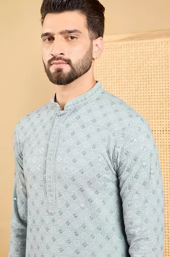 Men grey viscose rayon solid embroidered straight kurta with trouser