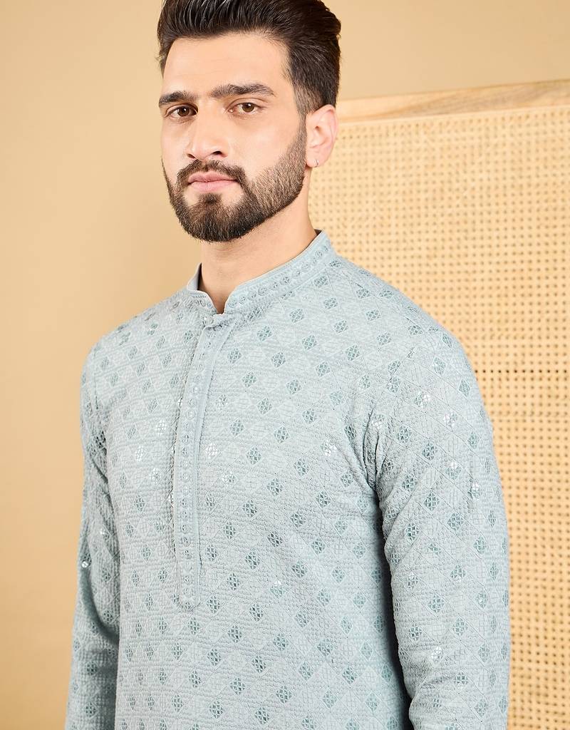 Men grey viscose rayon solid embroidered straight kurta with trouser