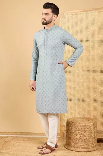 Men grey viscose rayon solid embroidered straight kurta with trouser
