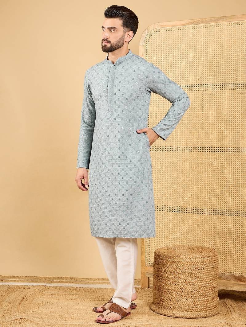 Men grey viscose rayon solid embroidered straight kurta with trouser