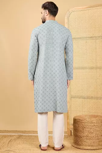 Men grey viscose rayon solid embroidered straight kurta with trouser