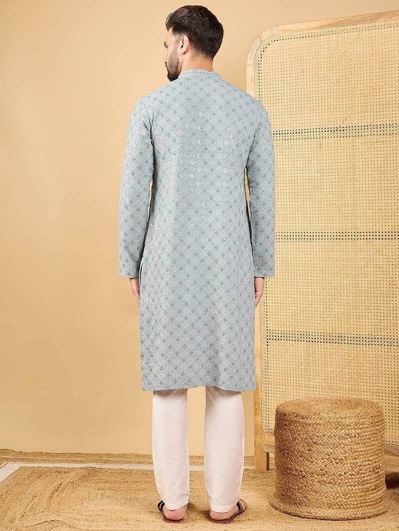 Men grey viscose rayon solid embroidered straight kurta with trouser